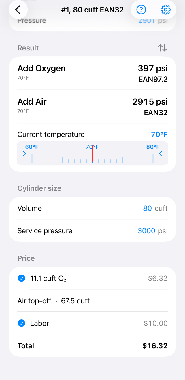 A priced bill — one line per gas, the preblend broken out