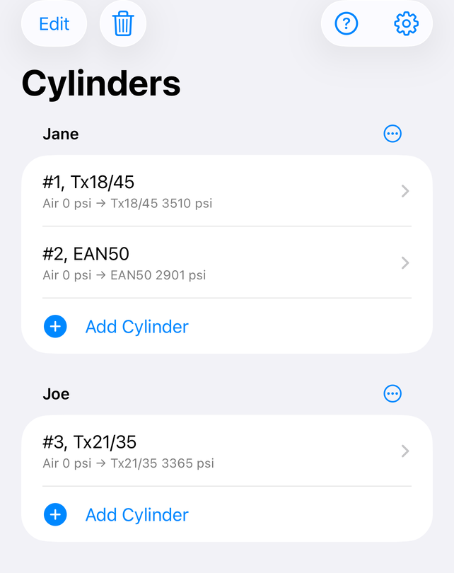 The cylinder list